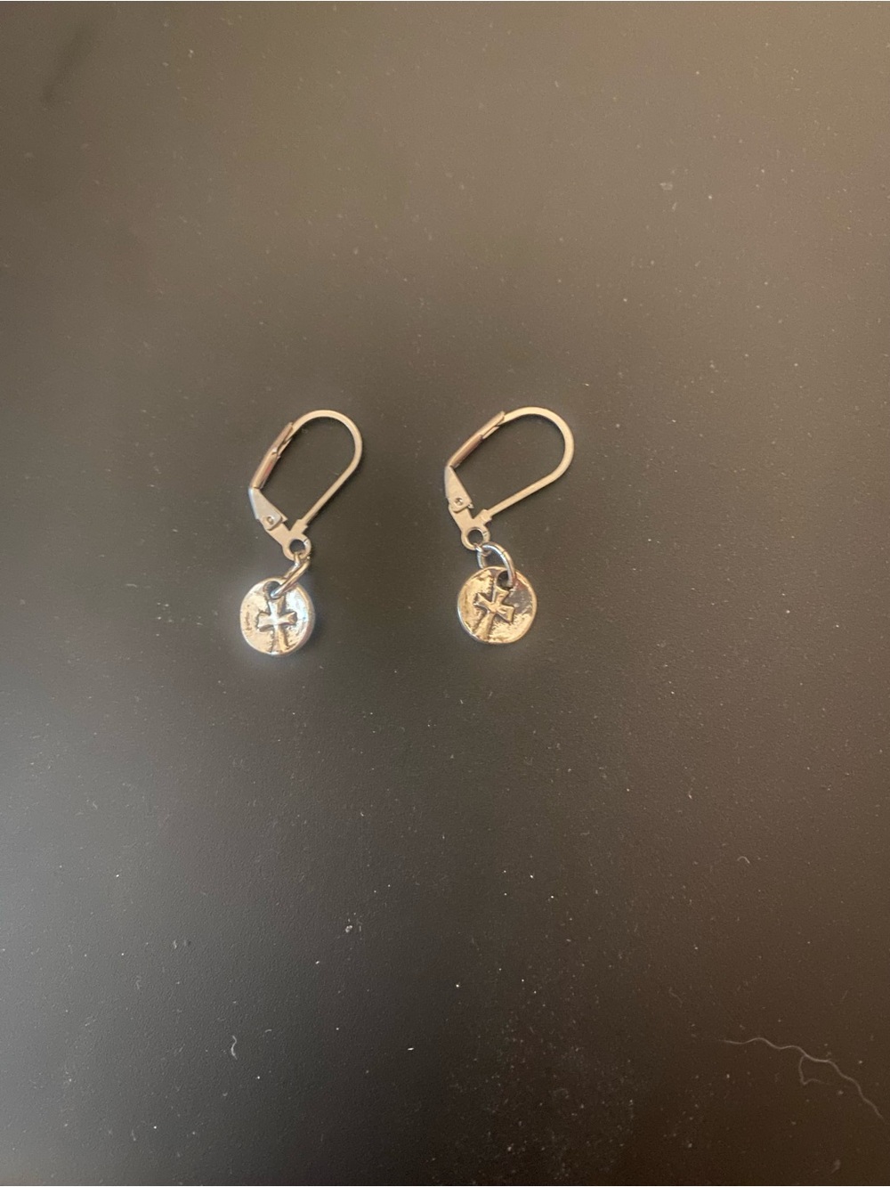 Dainty Handmade Silver Tone Doubloon Cross Charm Drop Earrings